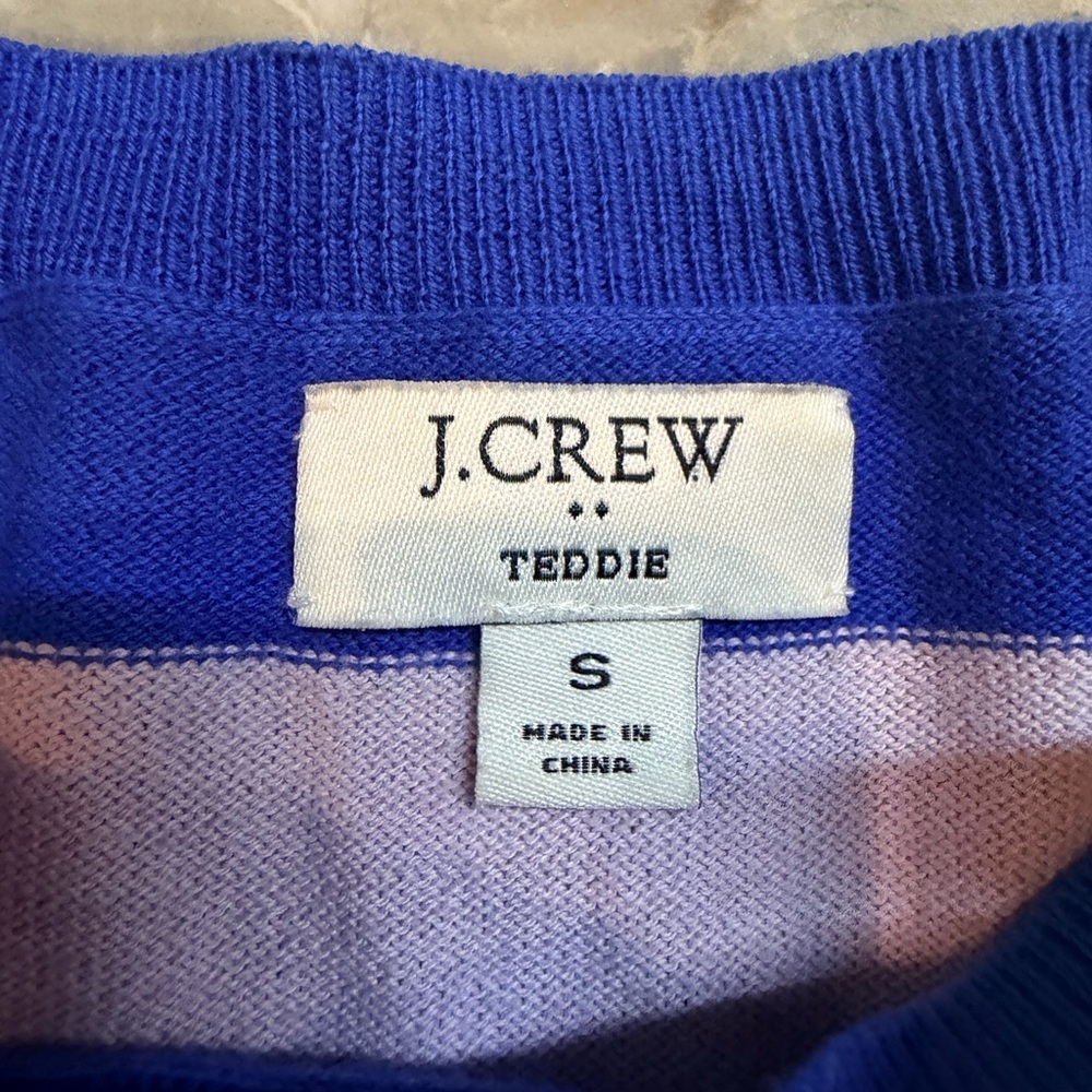 J.Crew Teddy Sweater Small Blue Pink Striped Crewneck 100% Cotton Lightweight - Picture 5 of 9
